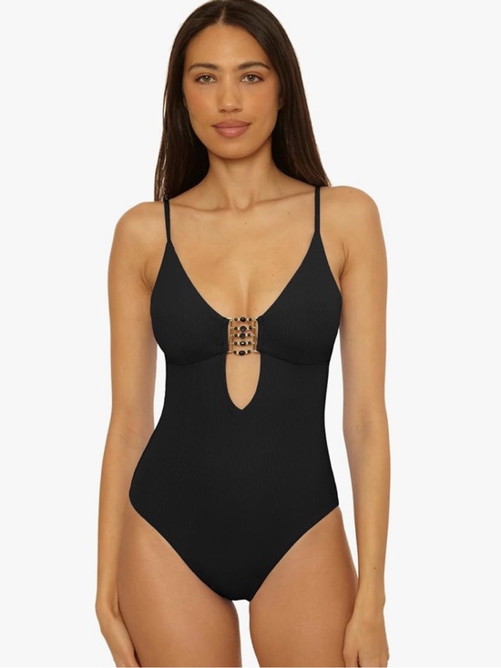 BECCA Other - BECCA Black One-Piece Swimsuit with Center Buckle and Keyhole Size S NWT